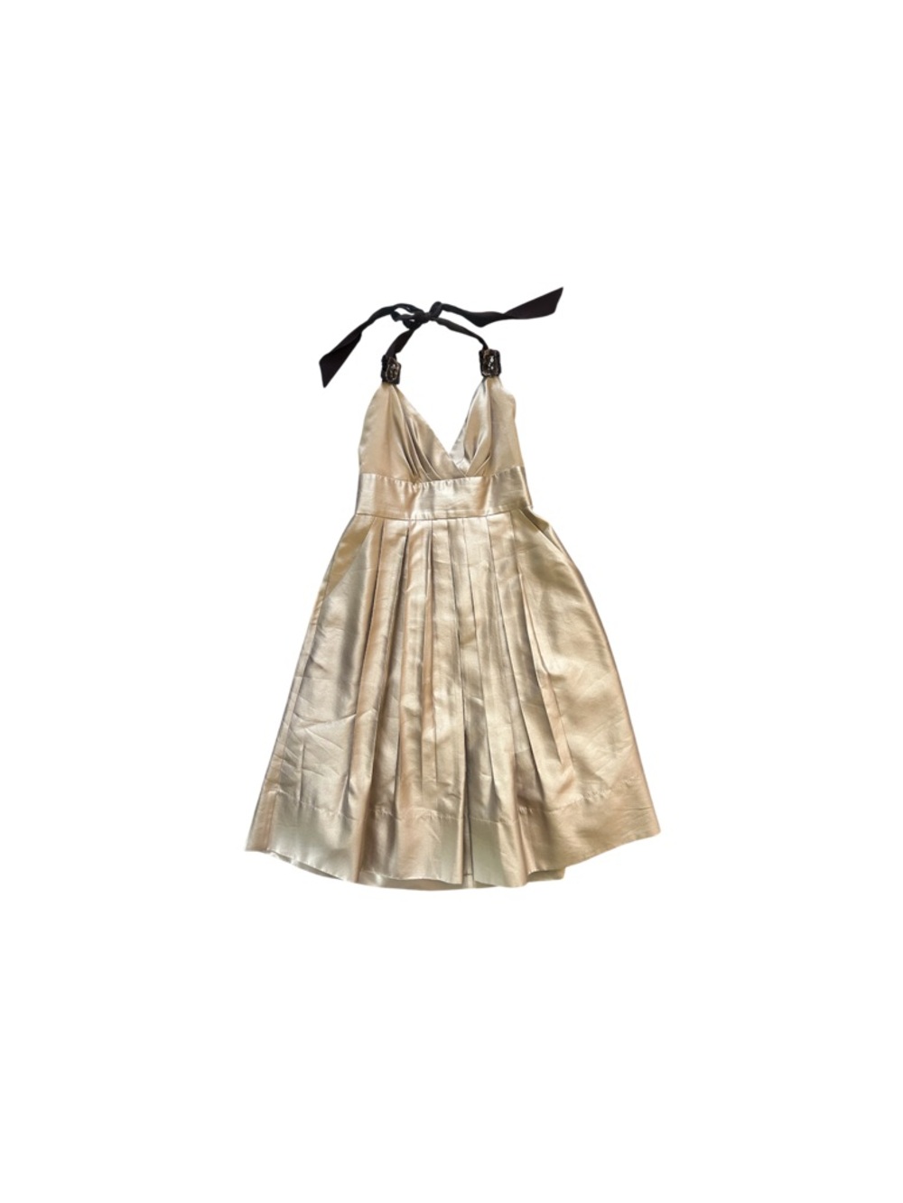 Metallic Gold Halter Pleated Party Dress